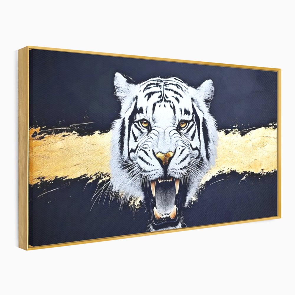 Tablou canvas cu tablou canvas cu tigru alb, in rama de aluminiu auriu